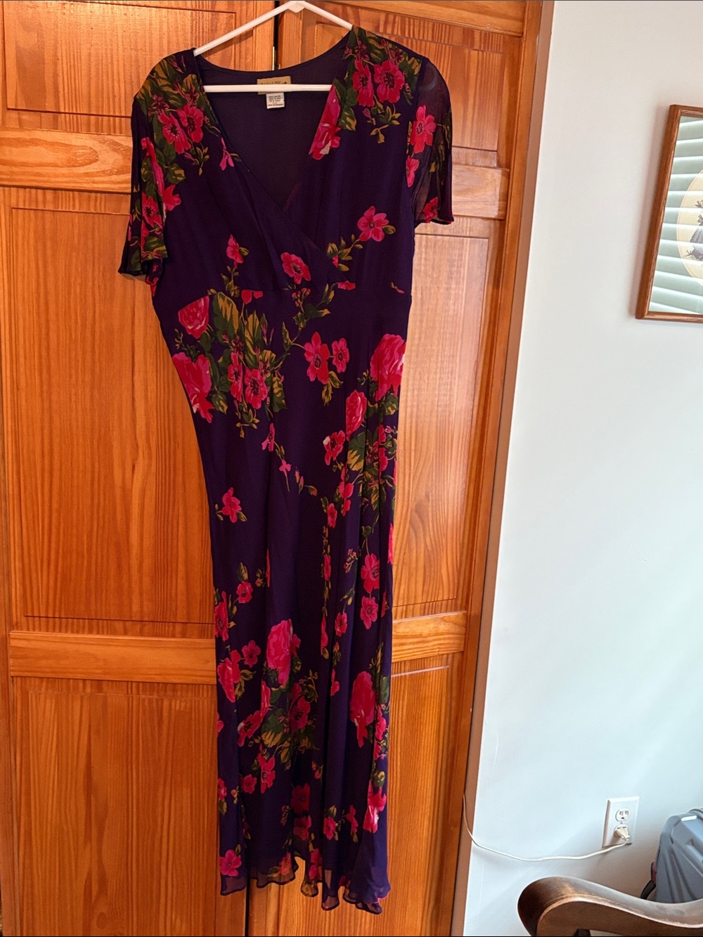 Midnight Velvet Dark Purple Maxi Dress with Red Floral Print